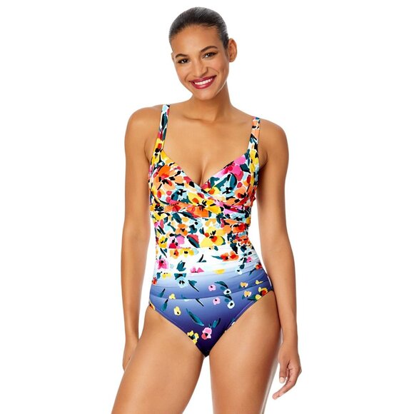 Anne Cole Floral Gradient Surplice One-Piece Swimsuit Gradient Floral Blue 14 - Picture 6 of 8